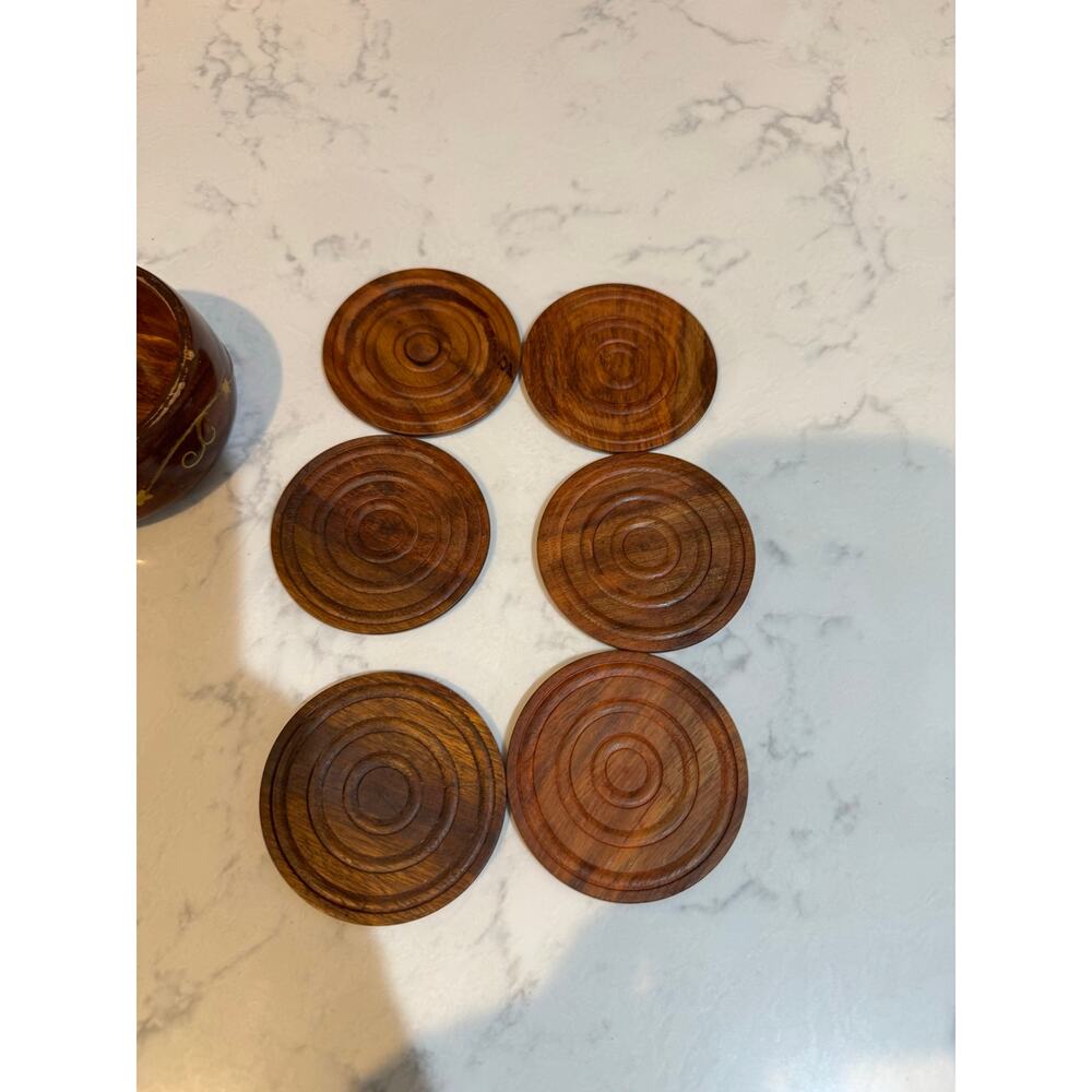 handcrafted wooden coaster set x6 featuring brass floral inlays bohemian - Picture 7 of 14